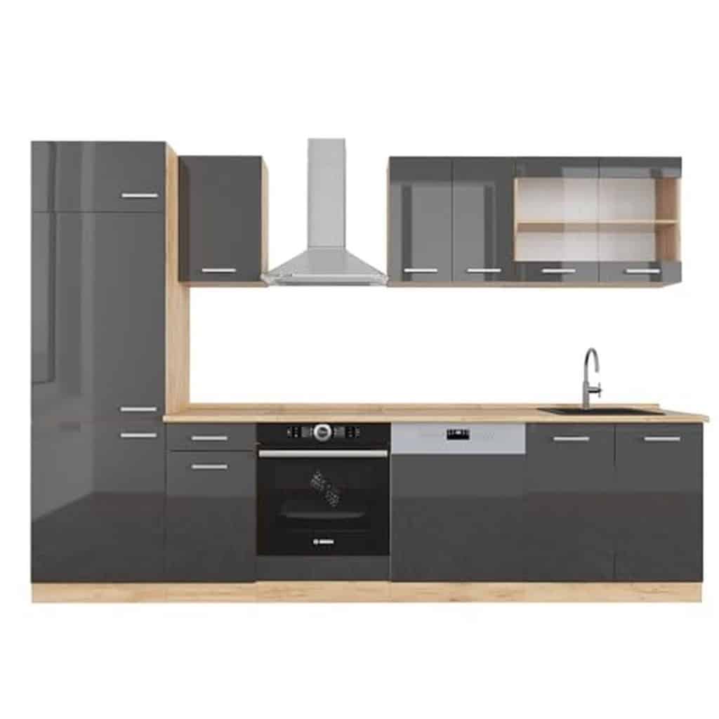 Test Vicco cuisine R-Line 300 cm anthracite brillant/chêne doré