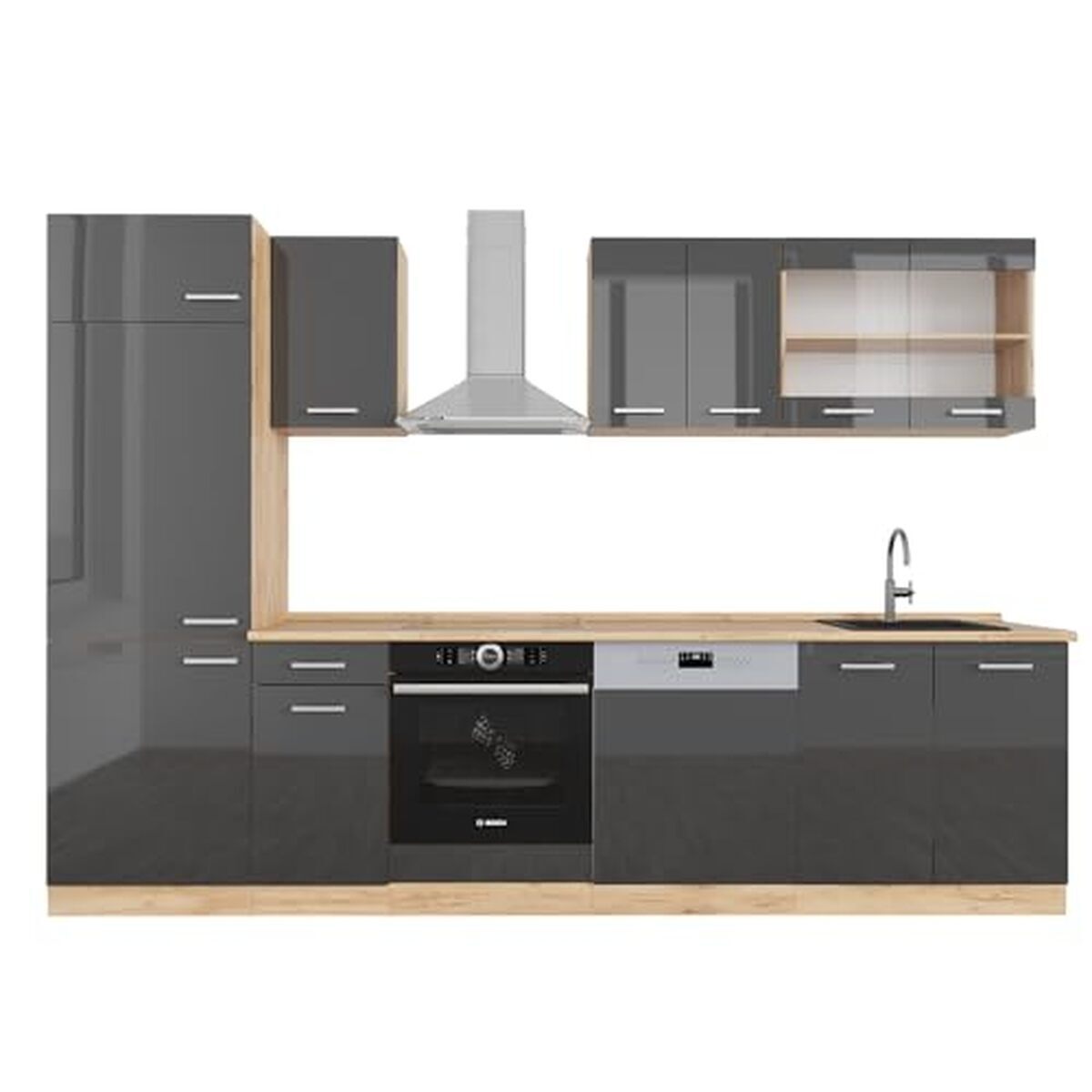 Test Vicco cuisine R-Line 300 cm anthracite brillant/chêne doré